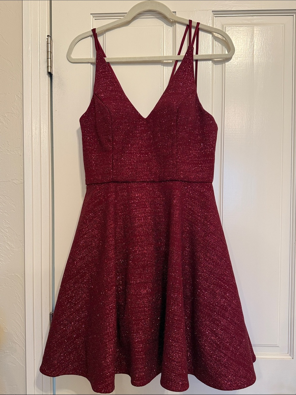 Xscape Burgundy Sparkle V-Neck Fit & Flare Mini Dress